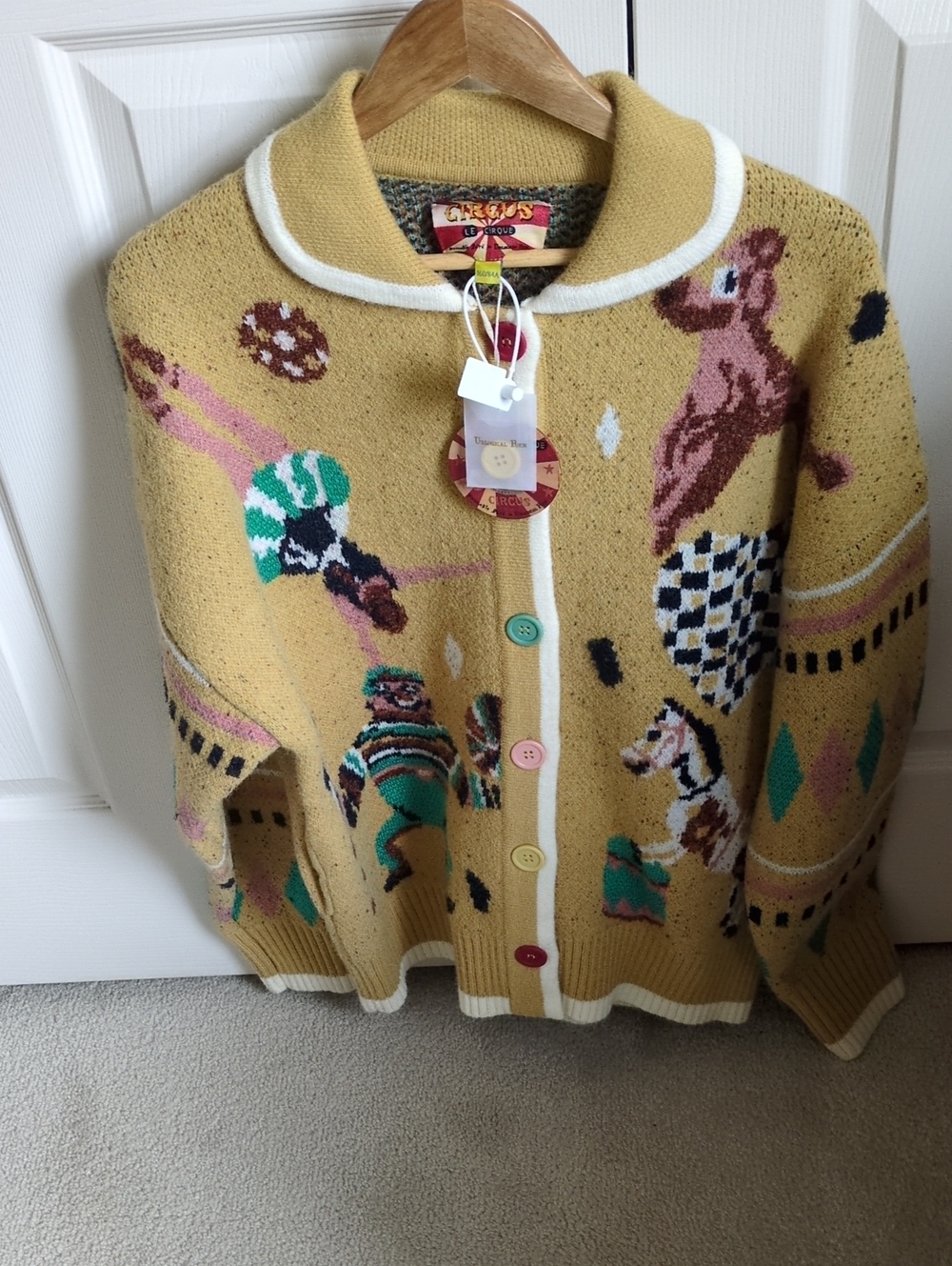NWT - Circus by Unlogical Poem Mustard Novelty Knit Cardigan Sweater
